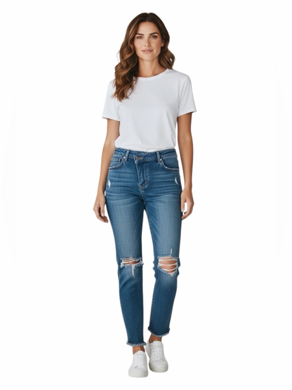 Risen•Criss Cross High Rise Distressed Straight Jeans